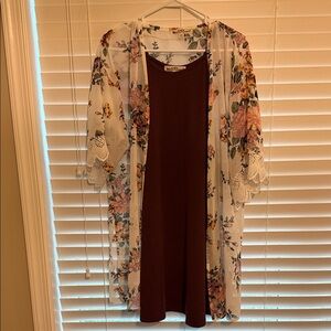 Wallflower Floral Kimono with Burgundy Dress